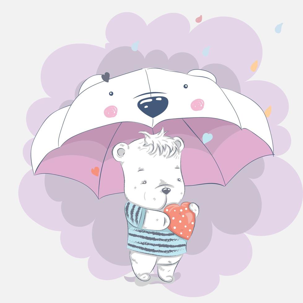 cute baby bear under umbrella vector
