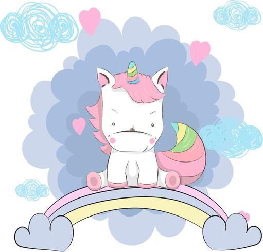 lindo bebé unicornio sentado en arcoiris vector