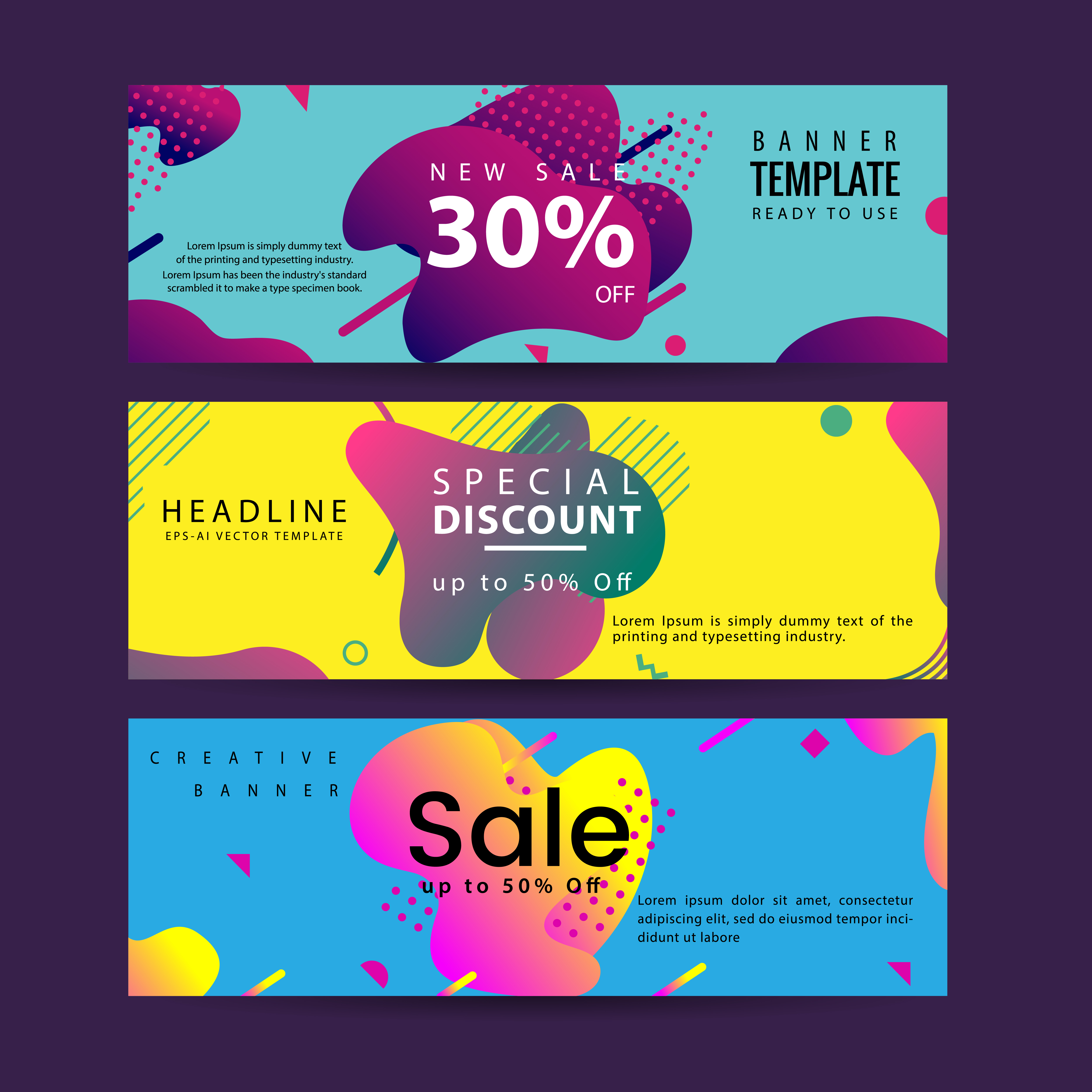 Horizontal Banner Set With Modern Colorful Fluid Element Web