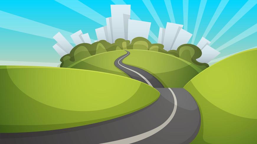 Cartoon summer landscape. City, hill, road illustration. vector