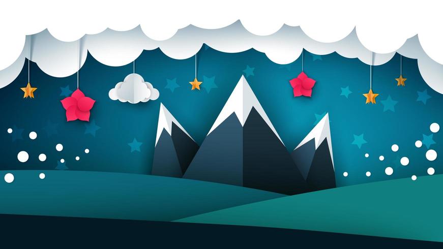 Cartoon paper landscape. Mountain, flower, cloud vector