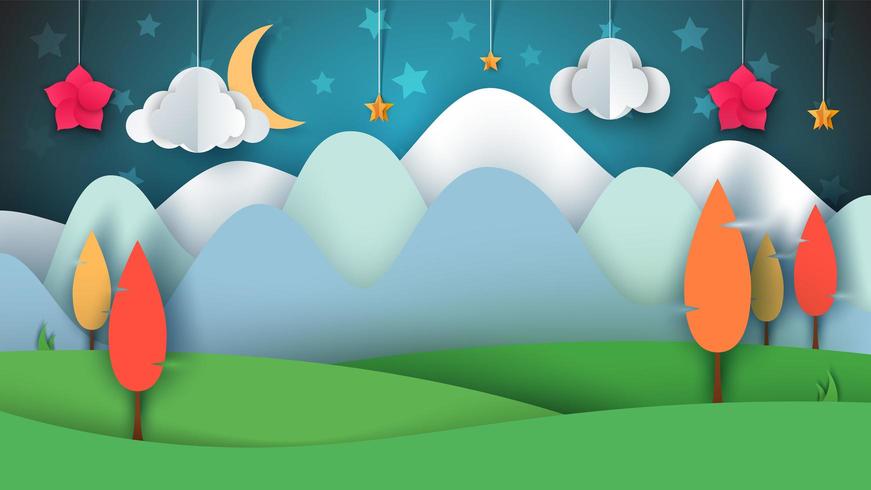 Cartoon paper landscape. Tree, flower, cloud, grass, moon, star. vector