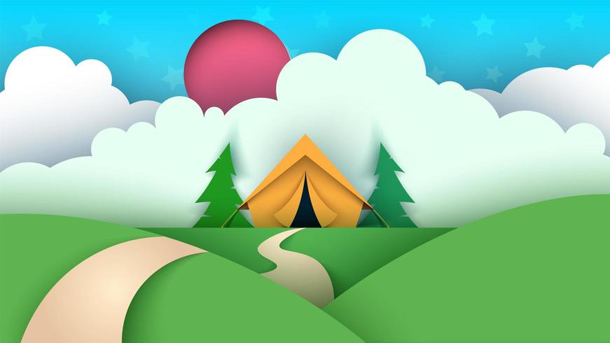 Cartoon paper landscape. Tent, Christmas tree, cloud, sky, star llustration. vector