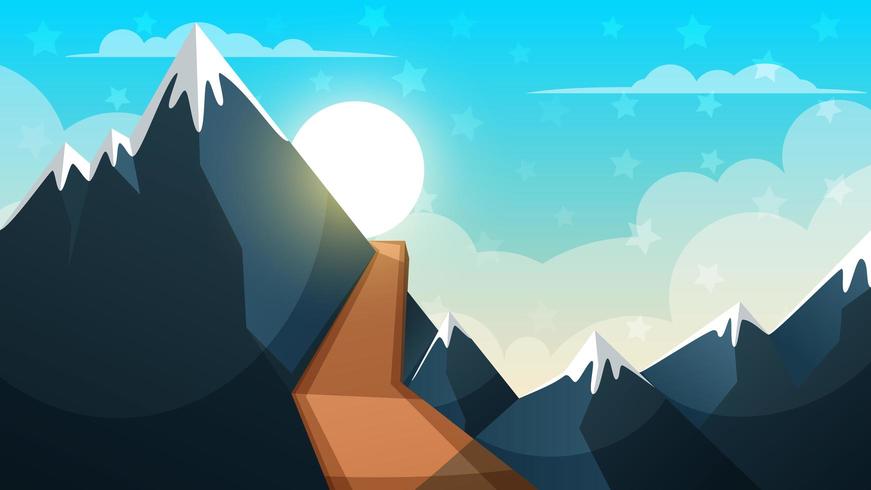 Paisaje de dibujos animados Montaña, primero, nube, sol, ilustración vector