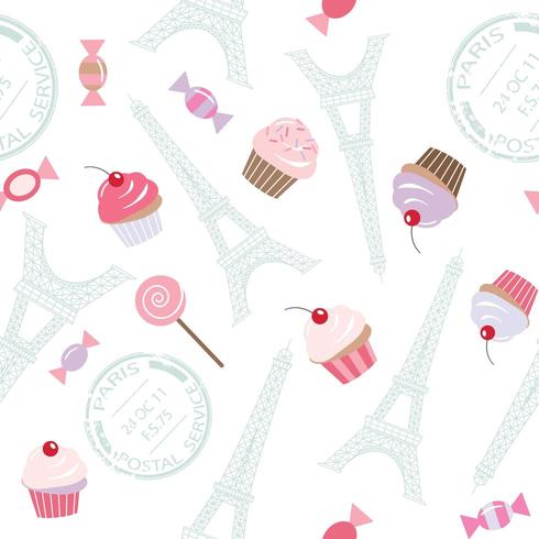 Seamless pattern with Eiffel tower and cupcakes. vector