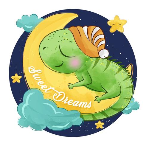 Cute little iguana sleeping on the moon vector