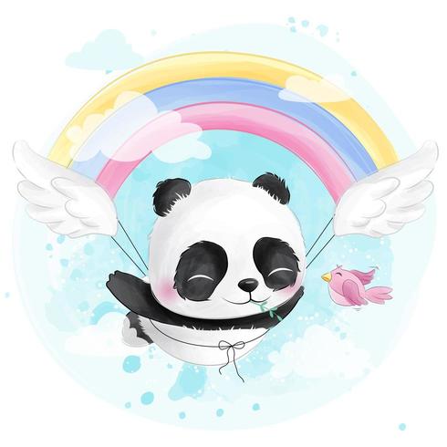 Lindo pequeño panda volando en el cielo vector