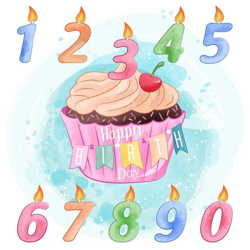 Cupcake de cumpleaños y vela diseño acuarela vector