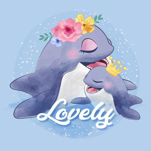 Cute dolphin mother and baby vector