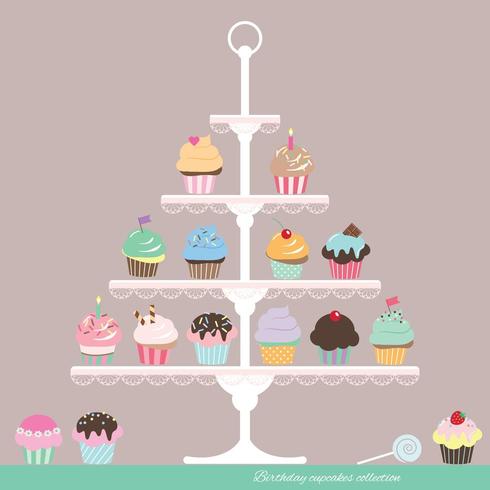 Cupcakes on stand. Birthday design. vector