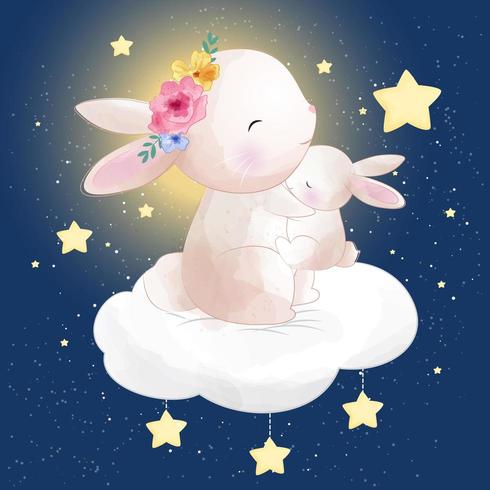 Cute little bunny sitting in the cloud with star vector