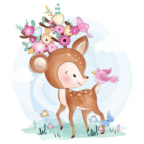 Baby Deer and Bird Friends with Flowers  vector