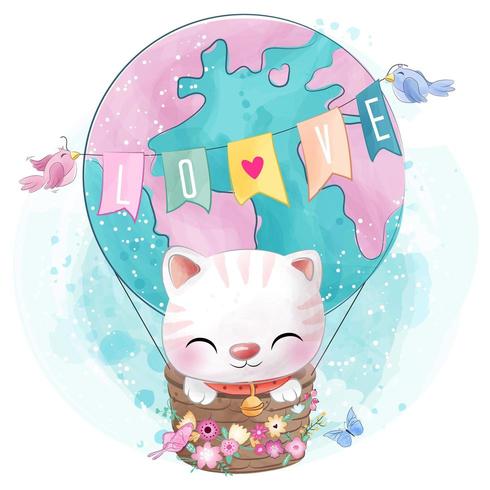 Cute little kitty flying with air balloon vector