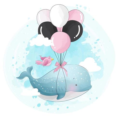 Cute little whale flying with balloon vector