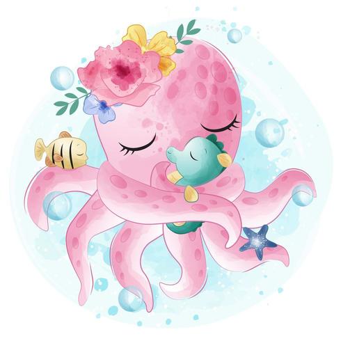 Cute little octopus hugging with seahorse vector