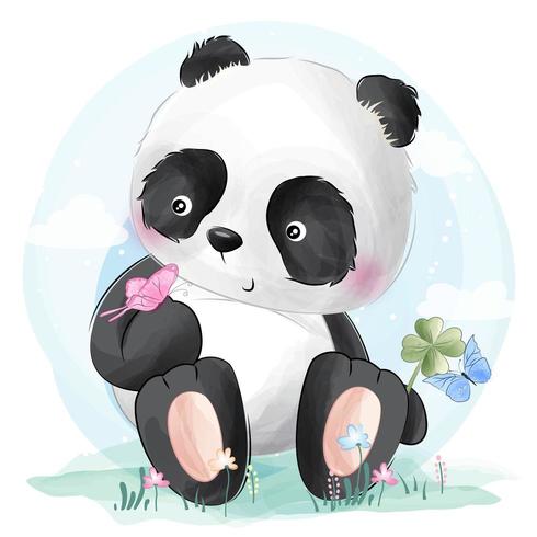 Cute little panda playing with butterfly vector