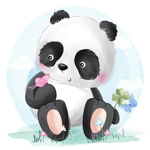 Pequeño panda lindo que juega con la mariposa vector