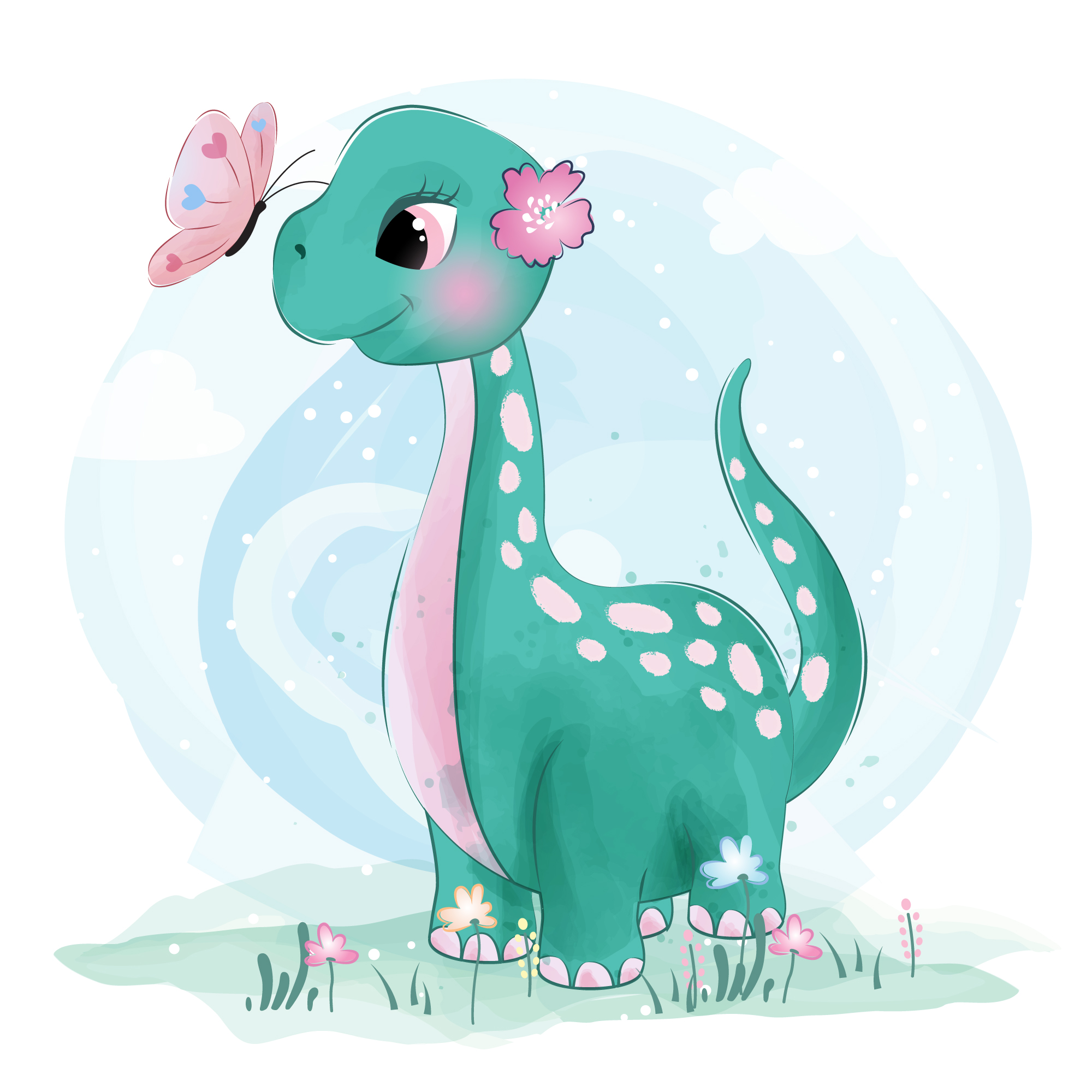 Cute little Brachiosaurus dinosaur with butterflies 681783 Vector Art