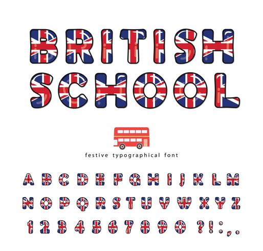 British school font. Great Britain UK national flag colors vector