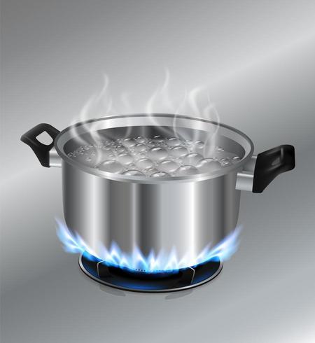 Stainless steel pot with boiling water on gas stove vector