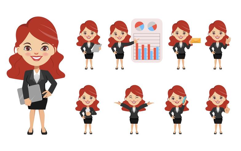 Conjunto de pose de personaje de creación empresaria con trabajo de ocupación en traje uniforme. Estilo de gente de negocios de dibujos animados de Chibi. vector