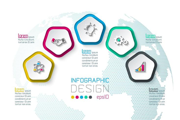 Pentágonos etiqueta infografía con 5 pasos. vector