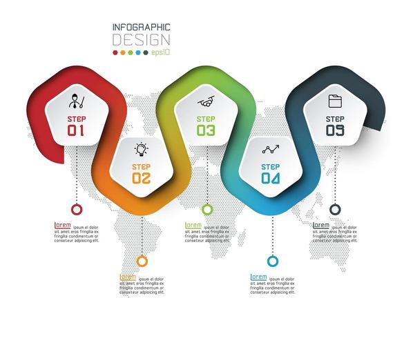 Pentagon label with color line linked infographics. vector