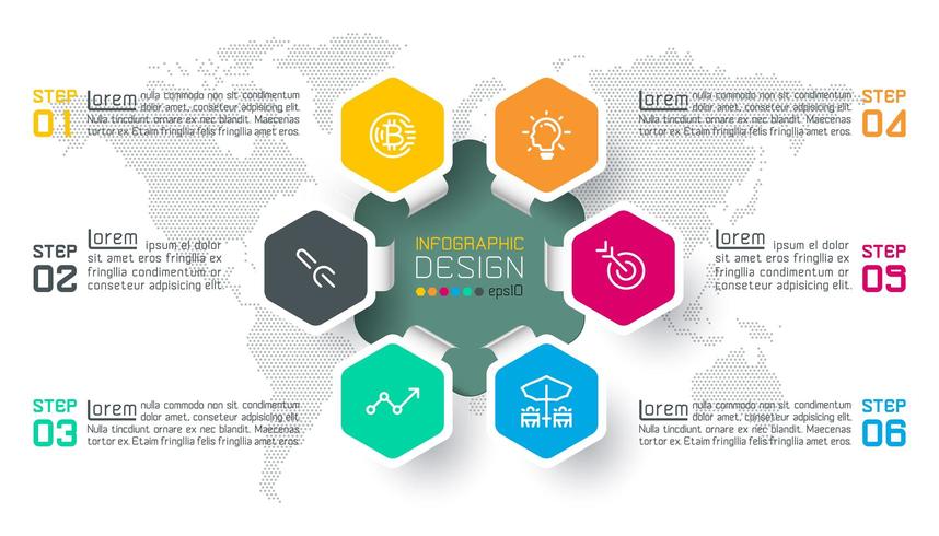 Etiquetas hexagonales de negocios en forma de barra de círculos de infografía. vector