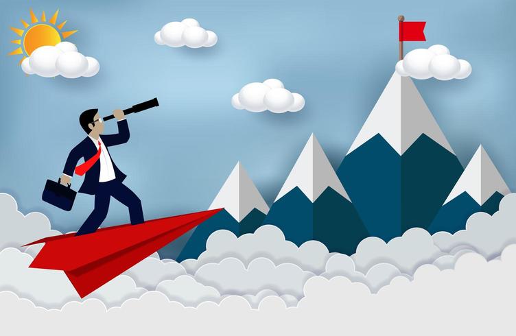Businessman standing on a plane paper looking with telescope vector