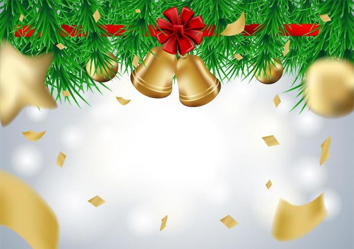 Christmas design with christmas tree branches, bells and gift balls on bokeh background vector