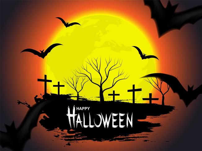 Halloween design with moon and bats on orange sky vector