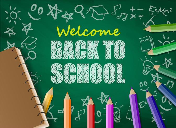 Back to school design with colorful pencils and notebook on chalkboard vector