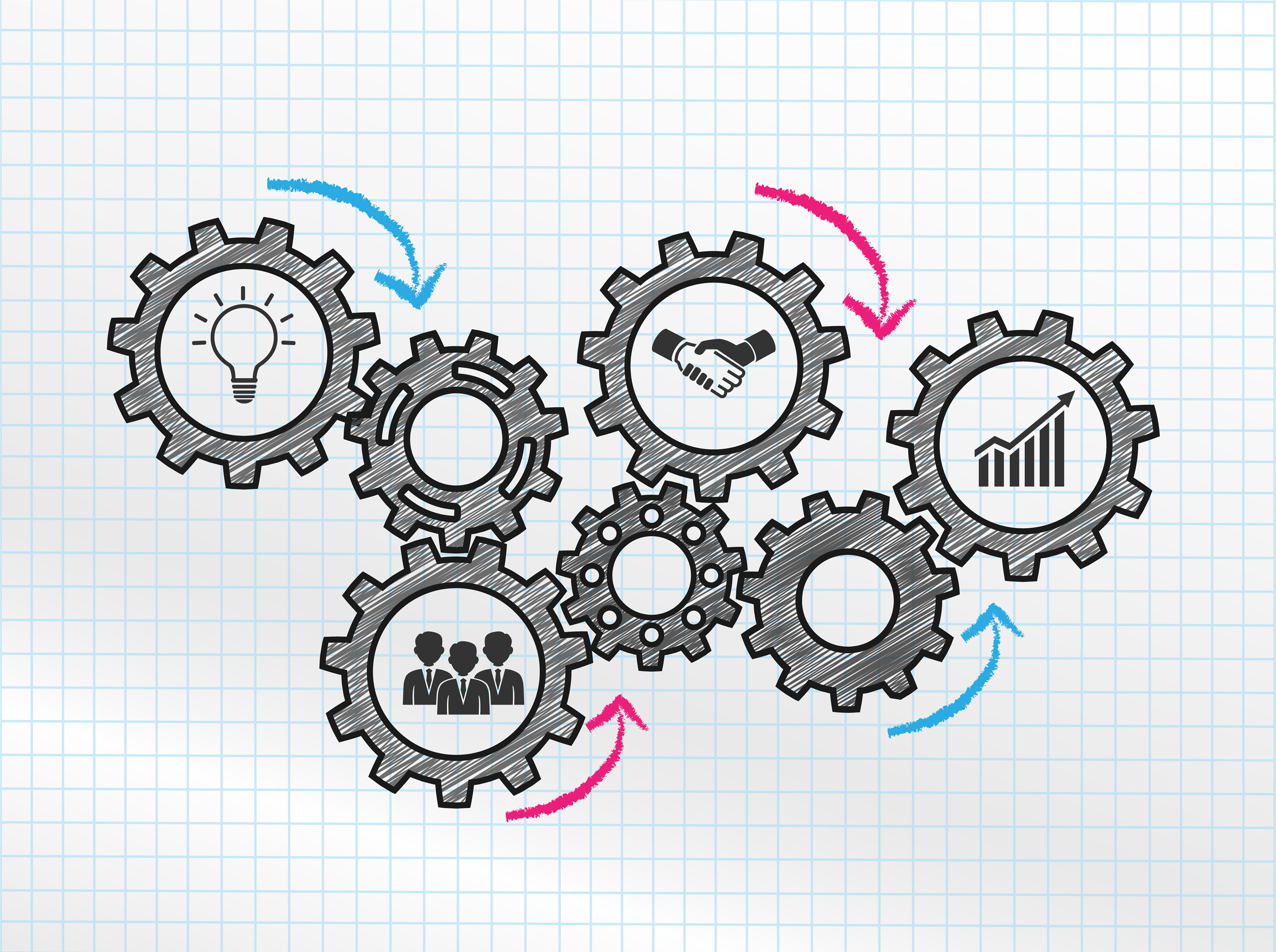 Marketing mechanism design with connected gears and icons 682246 Vector Art at Vecteezy