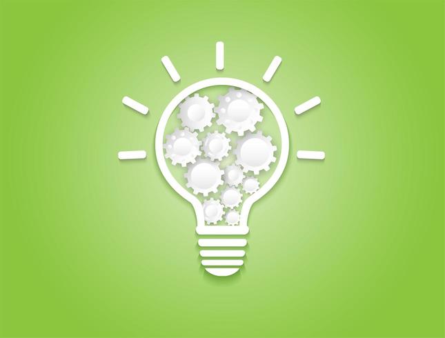 White light bulb containing gear wheels on green background. vector