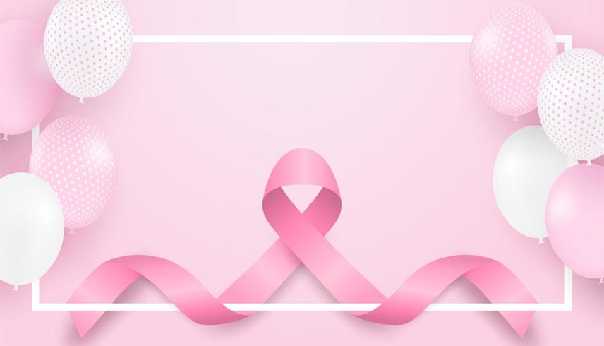 Diseño de concienciación sobre el cáncer de mama con cinta rosa, globos y marco blanco vector