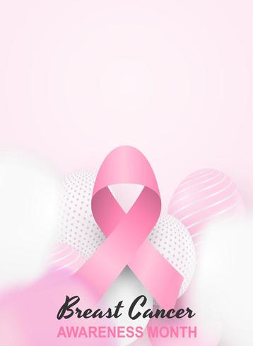 Diseño de concientización sobre el cáncer de mama con cinta rosa y globos sobre fondo rosa suave vector