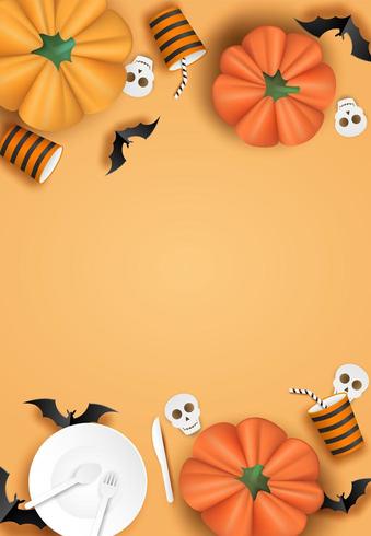 Diseño vertical de halloween con vajilla, murciélagos y calabazas en naranja vector