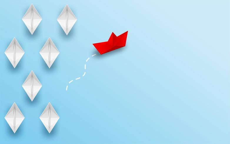 Red paper boat changing direction from white paper boat vector