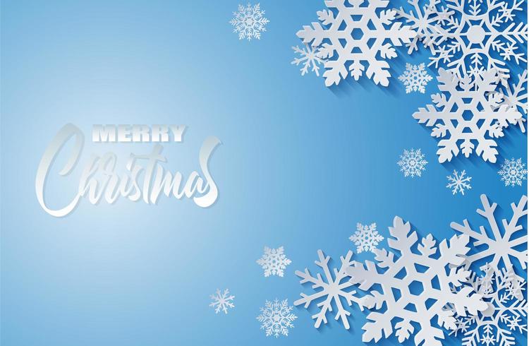 Merry Christmas design with paper art style white snowflakes blue vector