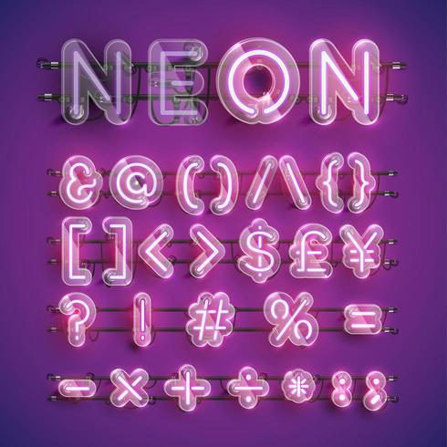 Realistic purple neon character set with plastic case around, vector illustration