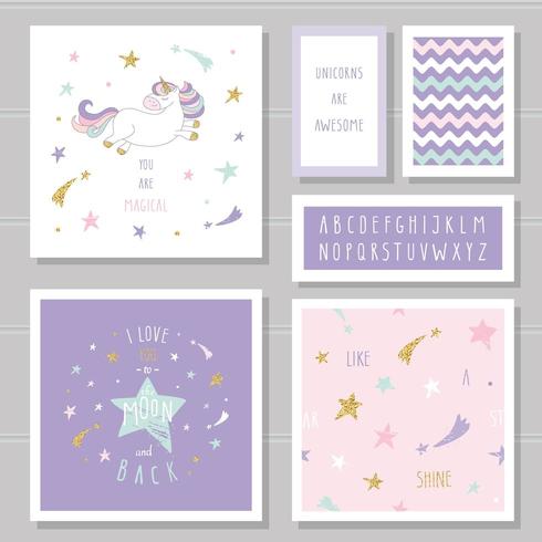 Lindas tarjetas con unicornio y estrellas doradas. vector