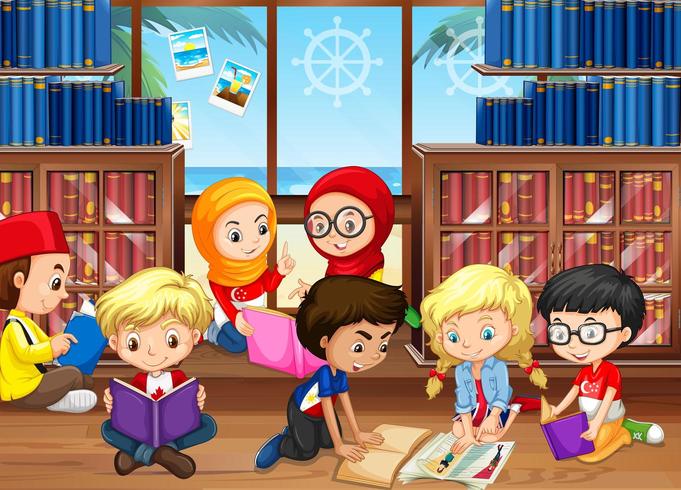 Children reading books in library vector