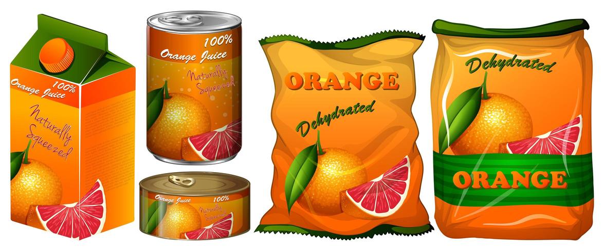 Naranja deshidratada en diferentes envases. vector