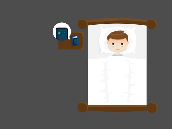 hombre sin dormir en la cama en la noche vector