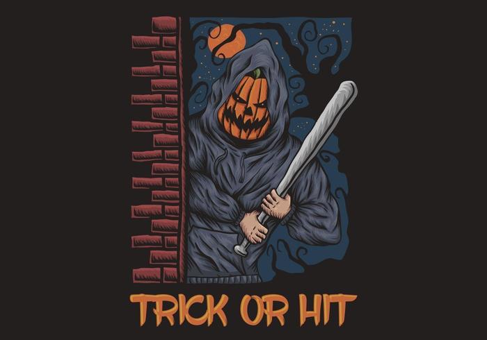 Trick or Hit halloween illustration with pumpkin man holding bat vector