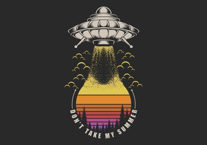 UFO Taking Sunset retro illustration vector