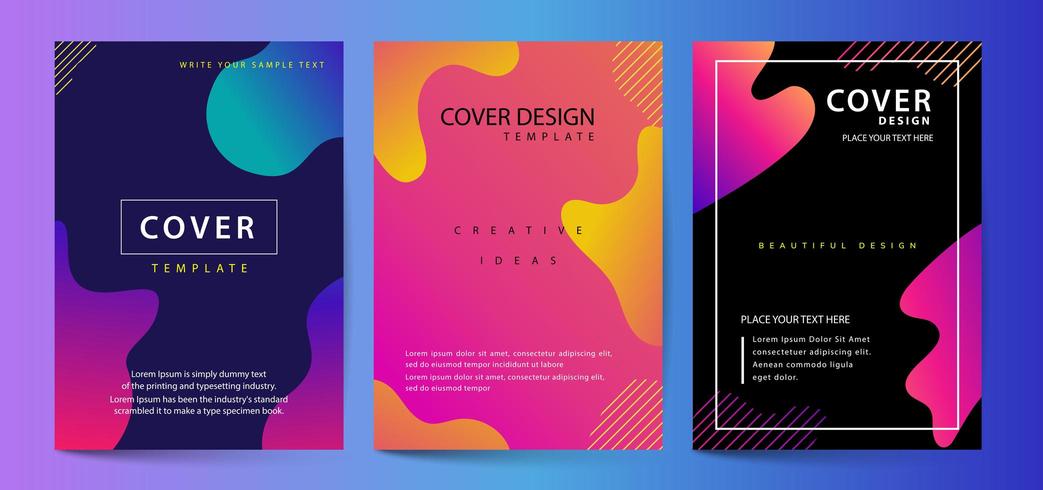 Fluid color covers set. Colorful bubble with geometric shapes composition. Trendy minimal design. vector