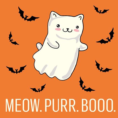 Tarjeta de Halloween con gato como fantasma kawaii. vector