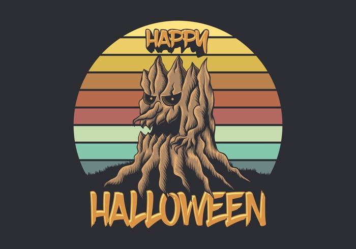 Árbol de madera frente a la puesta de sol retro feliz ilustración de halloween vector