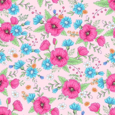 Pink poppies and blue daisies seamless pattern vector